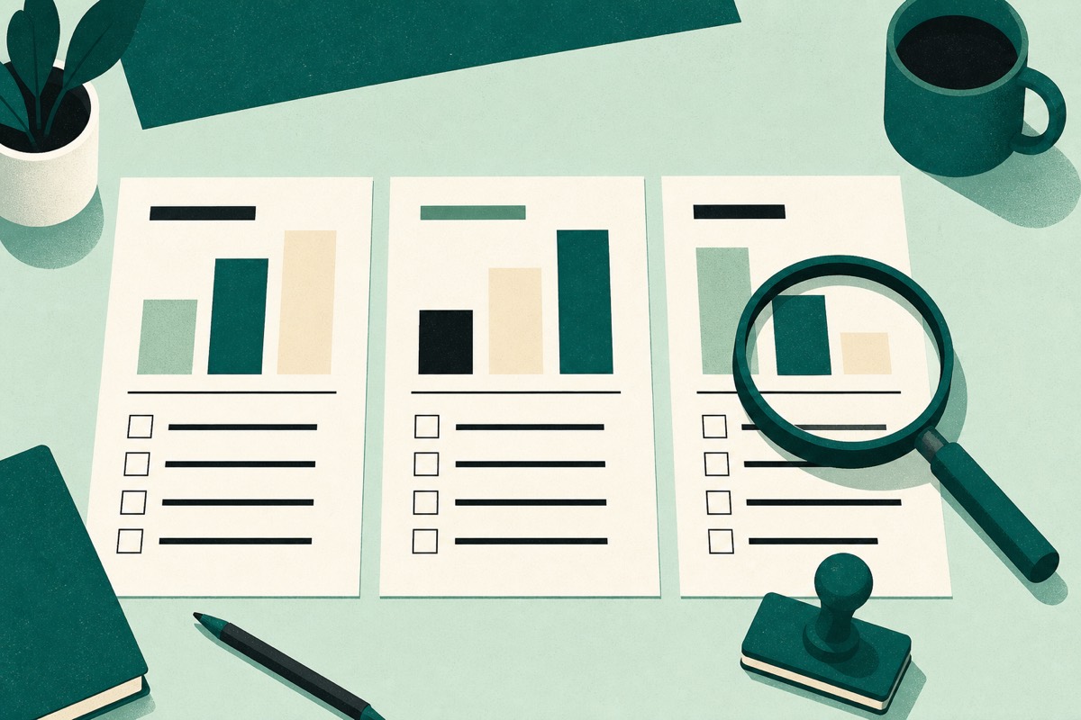 Illustration rétro de trois fiches d'évaluation comparées à la loupe sur un bureau