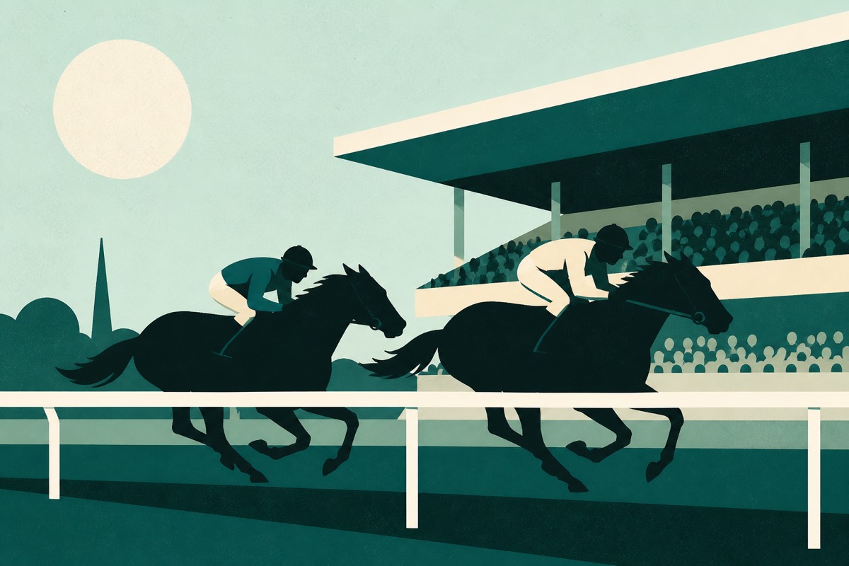 Illustration rétro de deux chevaux de course au galop devant une tribune d'hippodrome