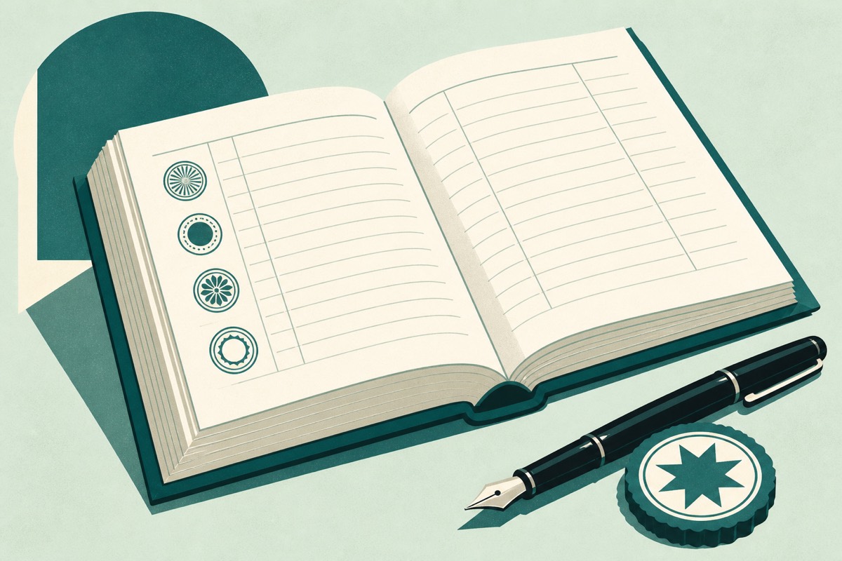 Illustration rétro d'un registre ouvert avec tampons et stylo plume