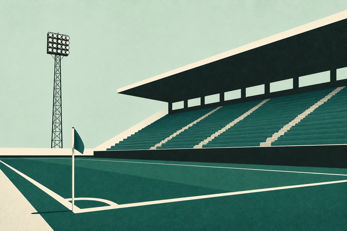 Illustration rétro d'un coin de stade de football avec projecteurs et tribune